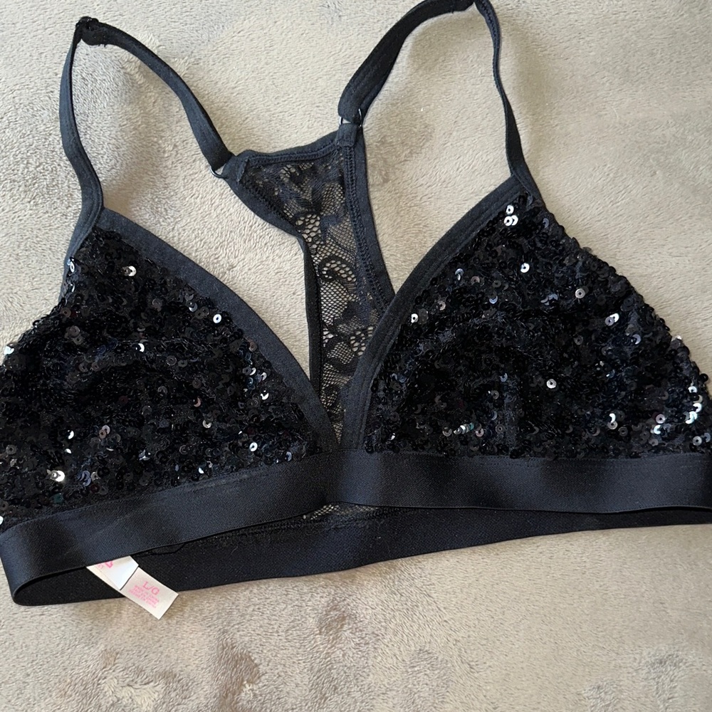 Victoria's Secret PINK Black Sequin Lace Racerback Bralette